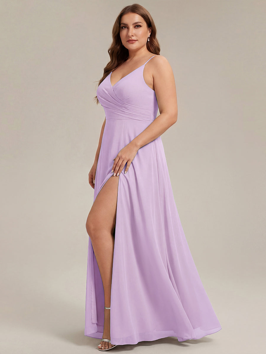 ever RENÉ |Pleated V-Neck Spaghetti Strap High Slit Bridesmaid Dress