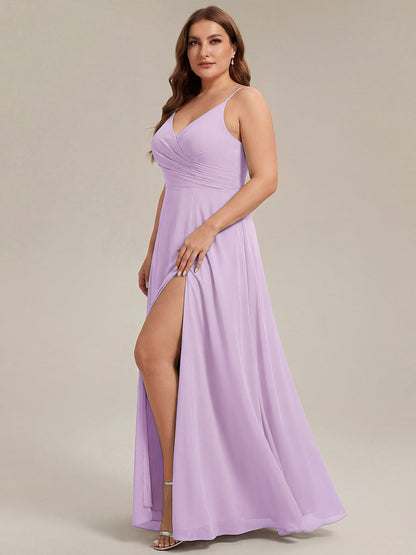 ever RENÉ |Pleated V-Neck Spaghetti Strap High Slit Bridesmaid Dress