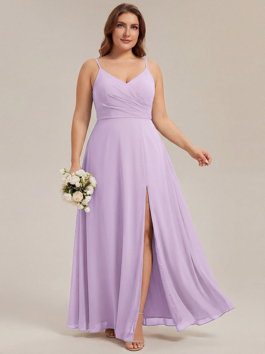 ever RENÉ |Pleated V-Neck Spaghetti Strap High Slit Bridesmaid Dress