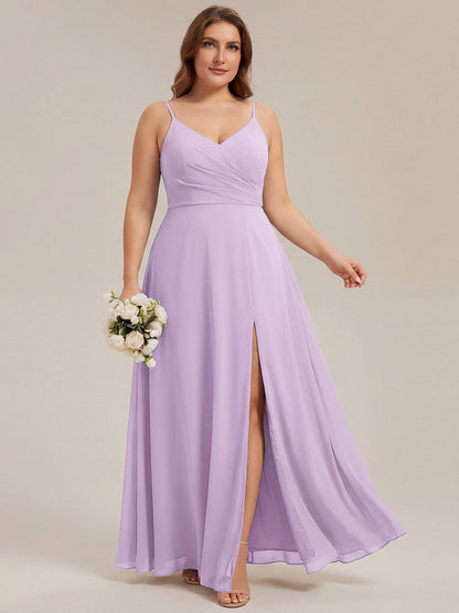 ever RENÉ |Pleated V-Neck Spaghetti Strap High Slit Bridesmaid Dress