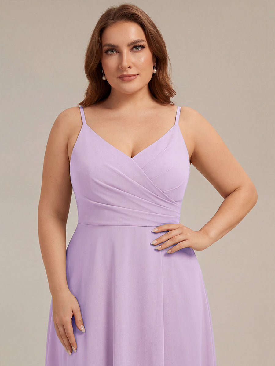 ever RENÉ |Pleated V-Neck Spaghetti Strap High Slit Bridesmaid Dress