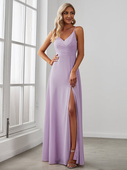 ever RENÉ |Pleated V-Neck Spaghetti Strap High Slit Bridesmaid Dress