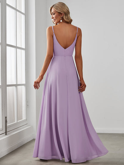 ever RENÉ |Pleated V-Neck Spaghetti Strap High Slit Bridesmaid Dress