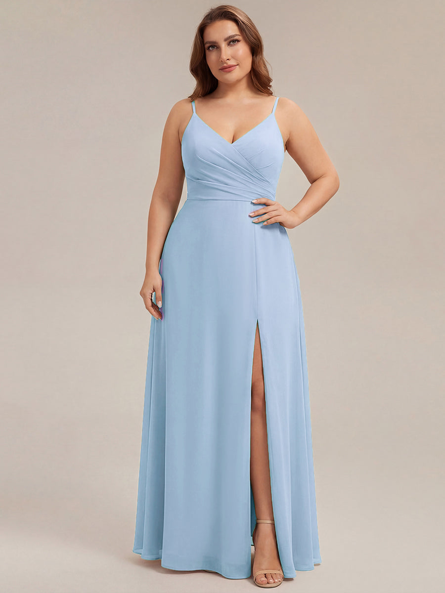 ever RENÉ |Pleated V-Neck Spaghetti Strap High Slit Bridesmaid Dress