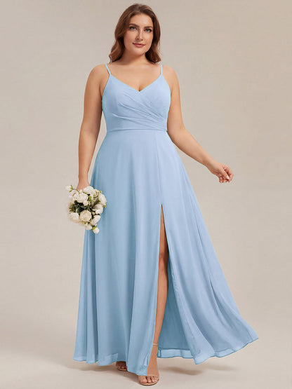 ever RENÉ |Pleated V-Neck Spaghetti Strap High Slit Bridesmaid Dress