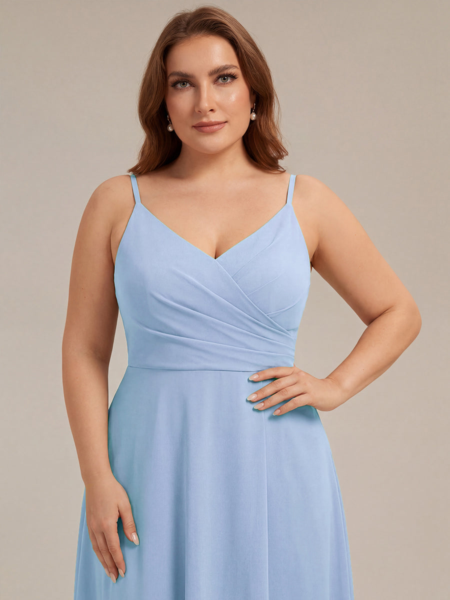 ever RENÉ |Pleated V-Neck Spaghetti Strap High Slit Bridesmaid Dress