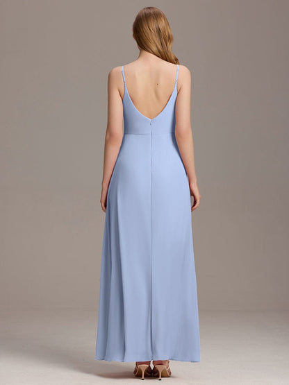 ever RENÉ |Pleated V-Neck Spaghetti Strap High Slit Bridesmaid Dress