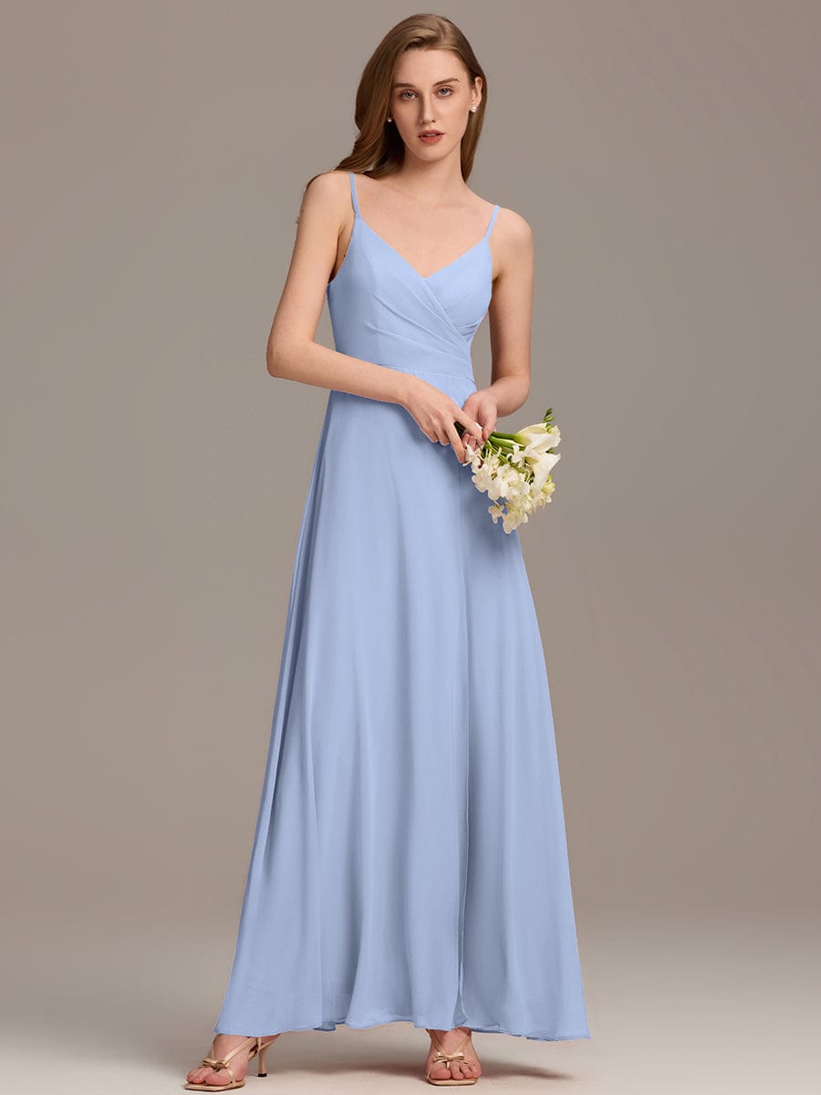 ever RENÉ |Pleated V-Neck Spaghetti Strap High Slit Bridesmaid Dress