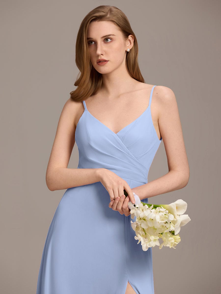 ever RENÉ |Pleated V-Neck Spaghetti Strap High Slit Bridesmaid Dress