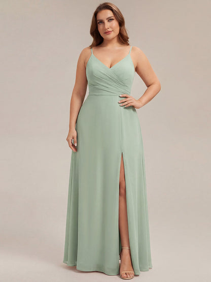 ever RENÉ |Pleated V-Neck Spaghetti Strap High Slit Bridesmaid Dress