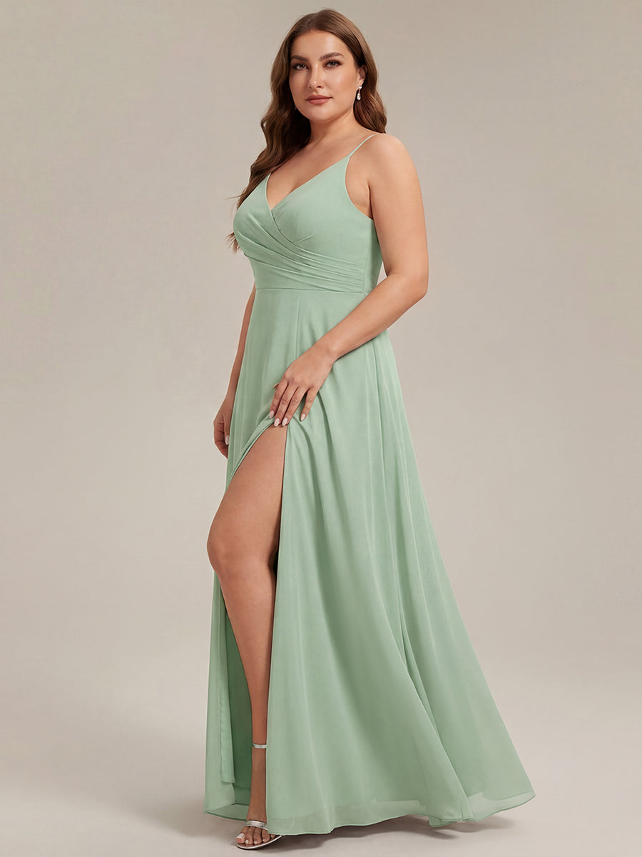 ever RENÉ |Pleated V-Neck Spaghetti Strap High Slit Bridesmaid Dress
