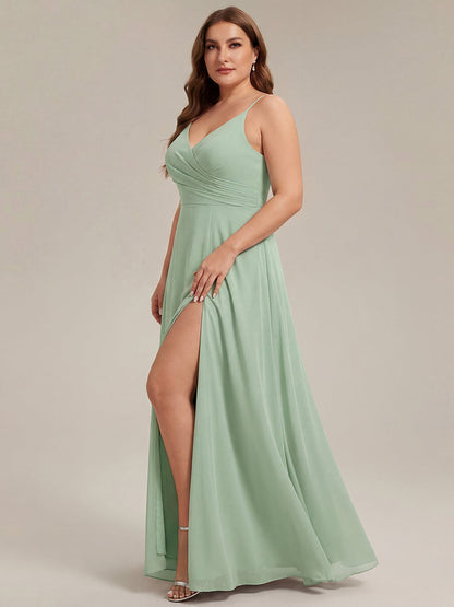 ever RENÉ |Pleated V-Neck Spaghetti Strap High Slit Bridesmaid Dress
