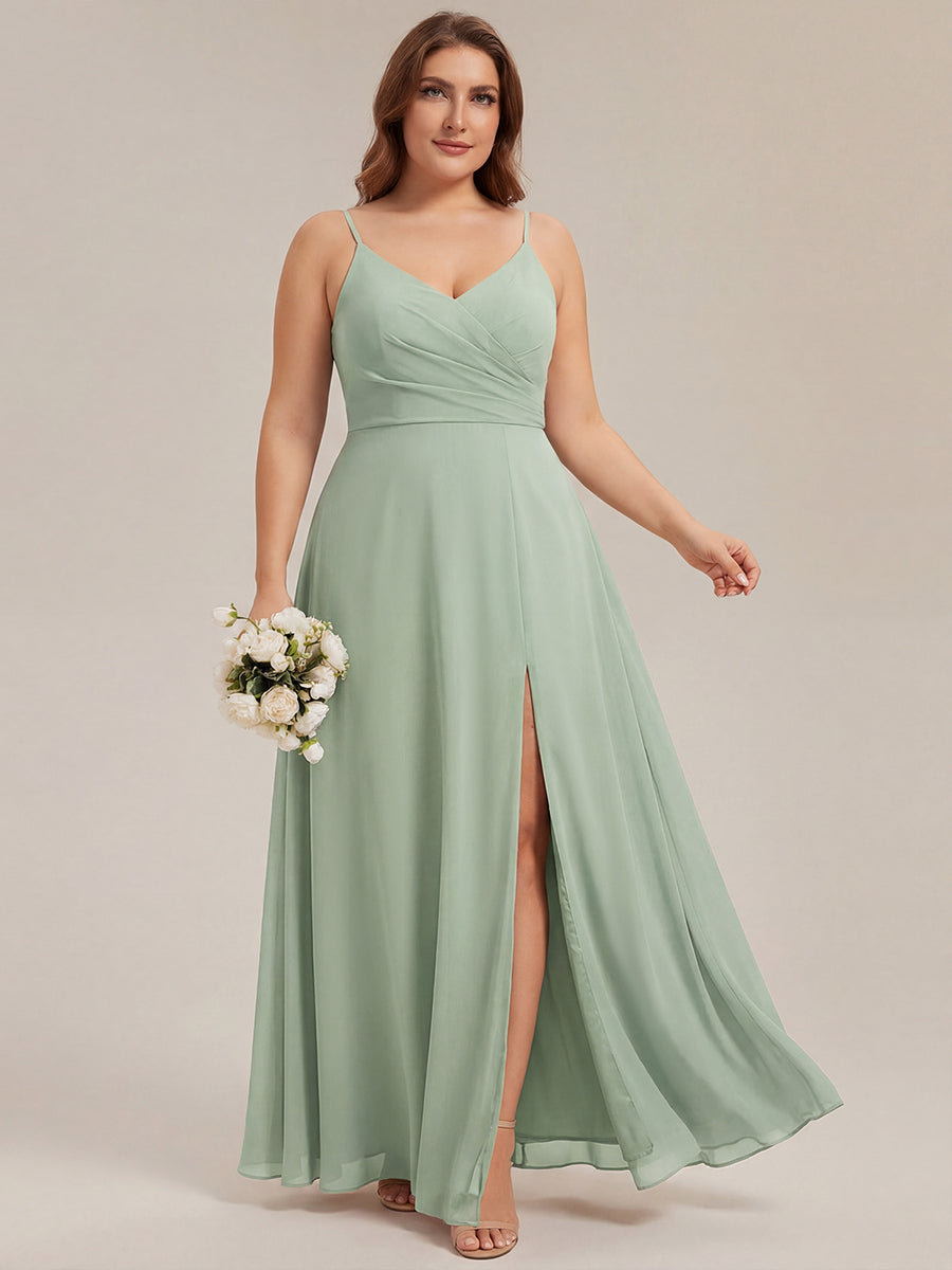 ever RENÉ |Pleated V-Neck Spaghetti Strap High Slit Bridesmaid Dress