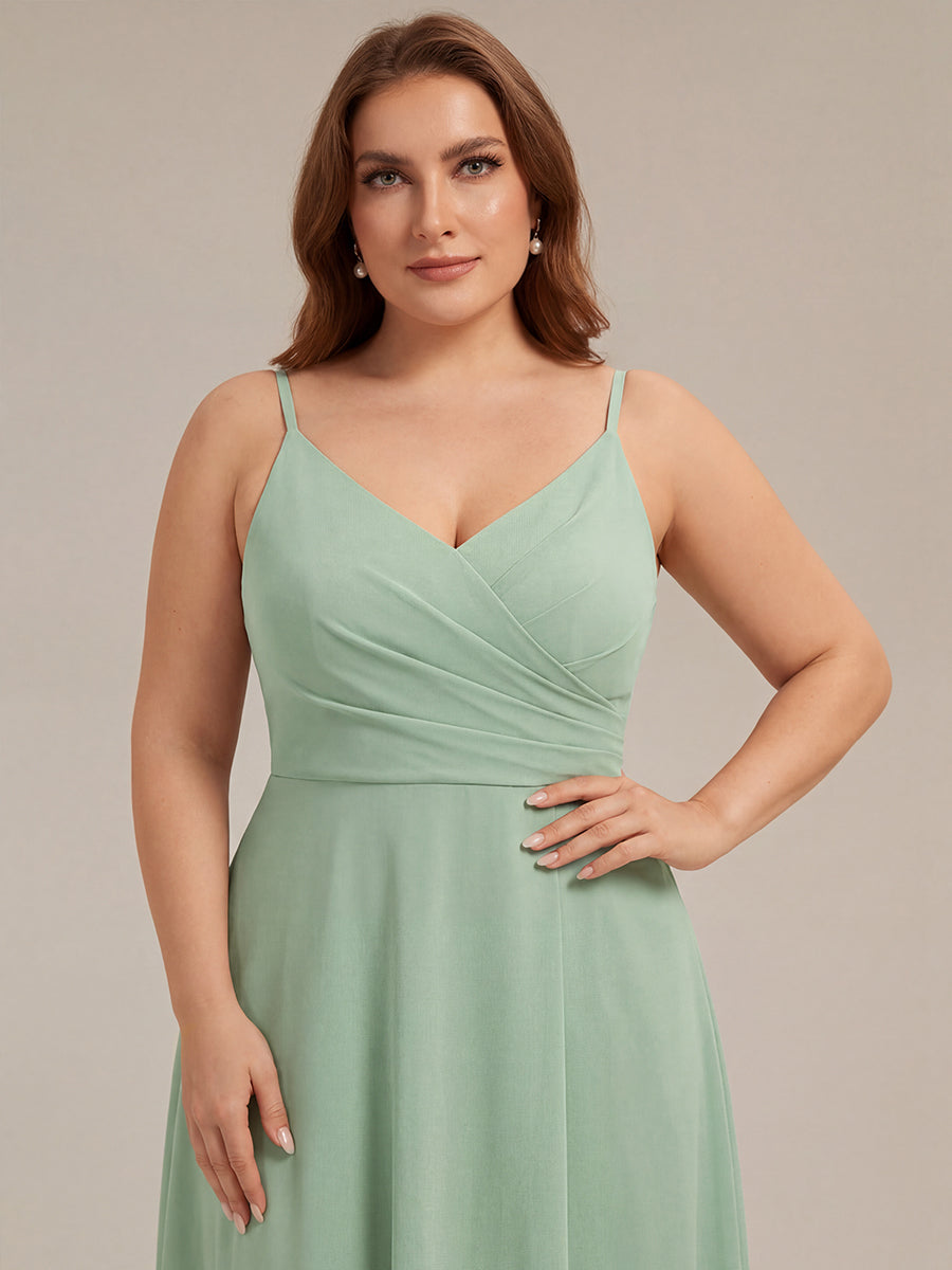 ever RENÉ |Pleated V-Neck Spaghetti Strap High Slit Bridesmaid Dress