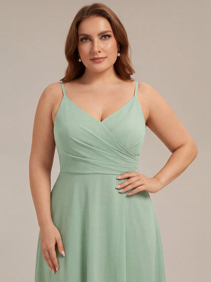 ever RENÉ |Pleated V-Neck Spaghetti Strap High Slit Bridesmaid Dress