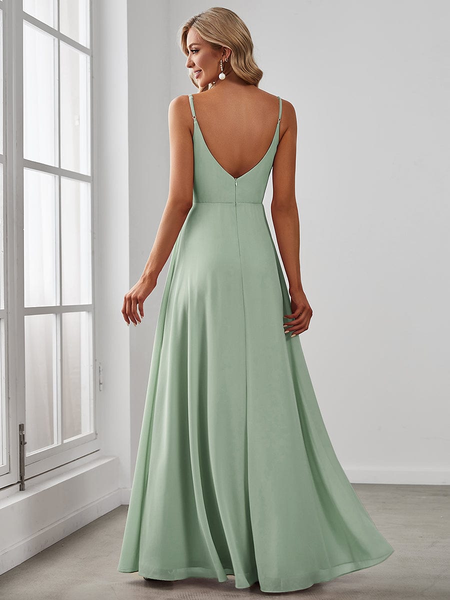 ever RENÉ |Pleated V-Neck Spaghetti Strap High Slit Bridesmaid Dress