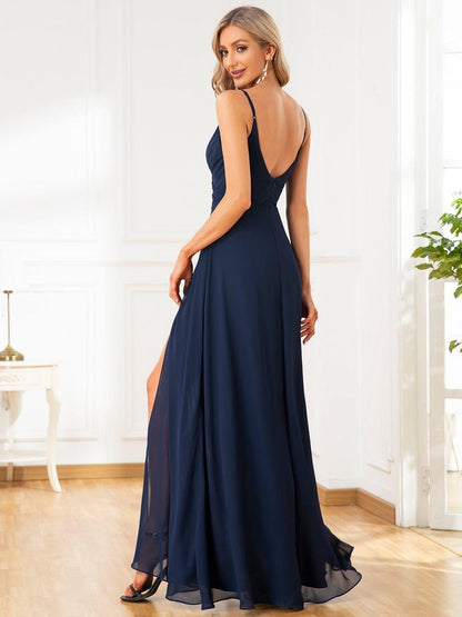ever RENÉ |Pleated V-Neck Spaghetti Strap High Slit Bridesmaid Dress