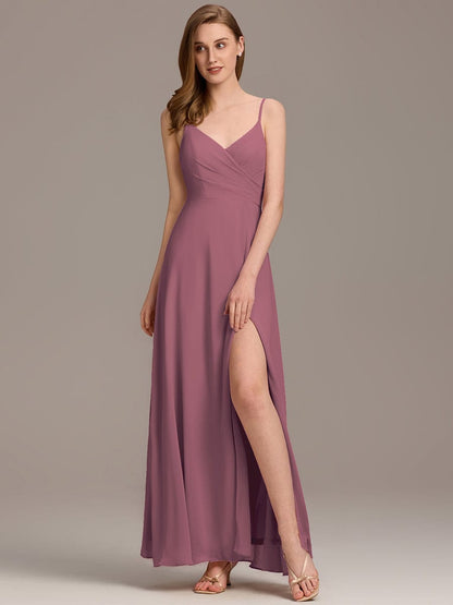 ever RENÉ |Pleated V-Neck Spaghetti Strap High Slit Bridesmaid Dress