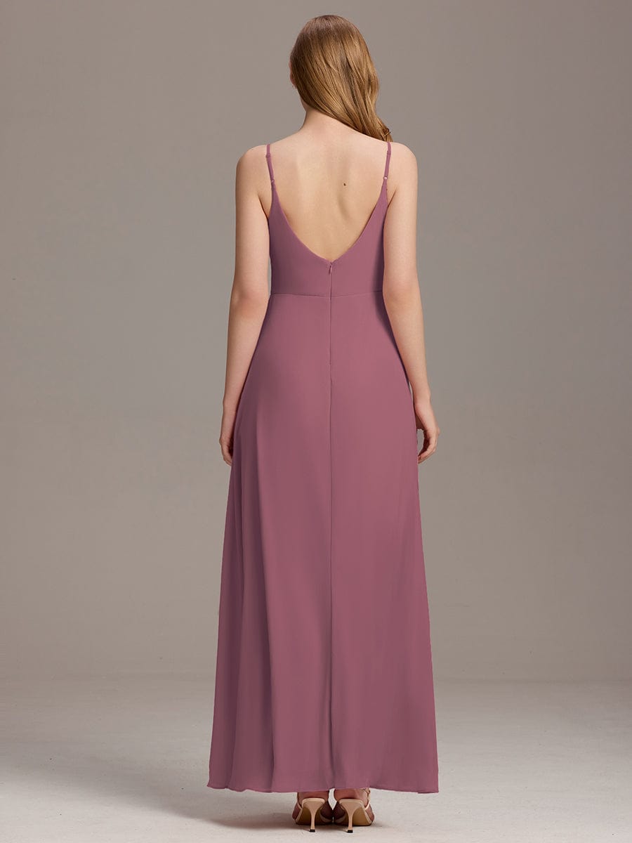ever RENÉ |Pleated V-Neck Spaghetti Strap High Slit Bridesmaid Dress