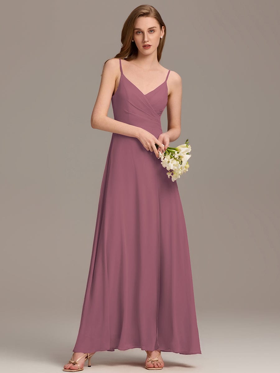ever RENÉ |Pleated V-Neck Spaghetti Strap High Slit Bridesmaid Dress