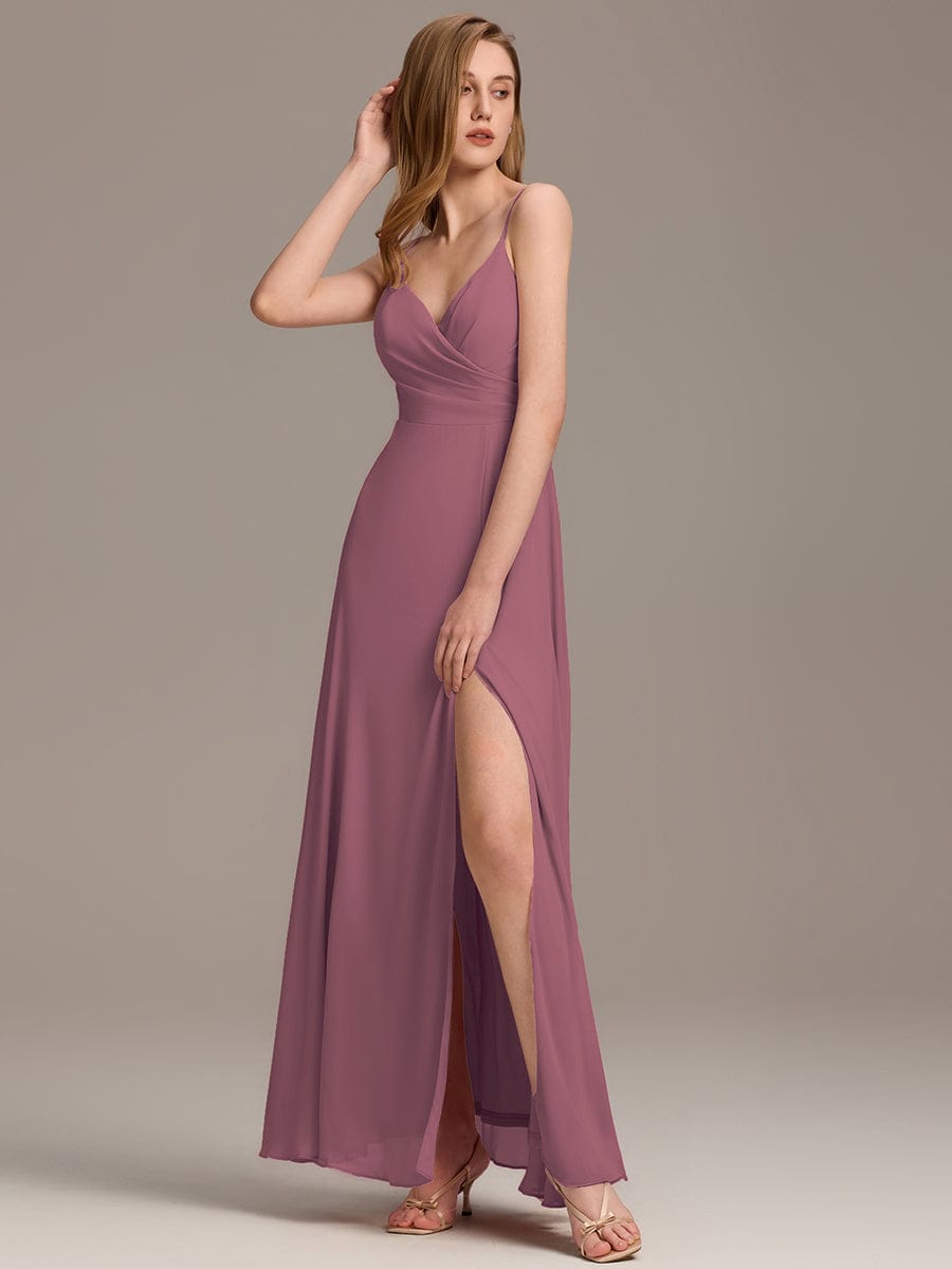 ever RENÉ |Pleated V-Neck Spaghetti Strap High Slit Bridesmaid Dress