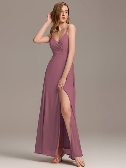 ever RENÉ |Pleated V-Neck Spaghetti Strap High Slit Bridesmaid Dress