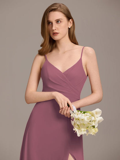 ever RENÉ |Pleated V-Neck Spaghetti Strap High Slit Bridesmaid Dress