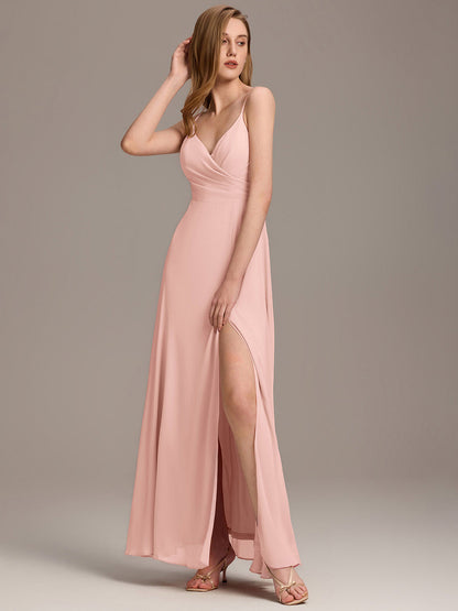ever RENÉ |Pleated V-Neck Spaghetti Strap High Slit Bridesmaid Dress