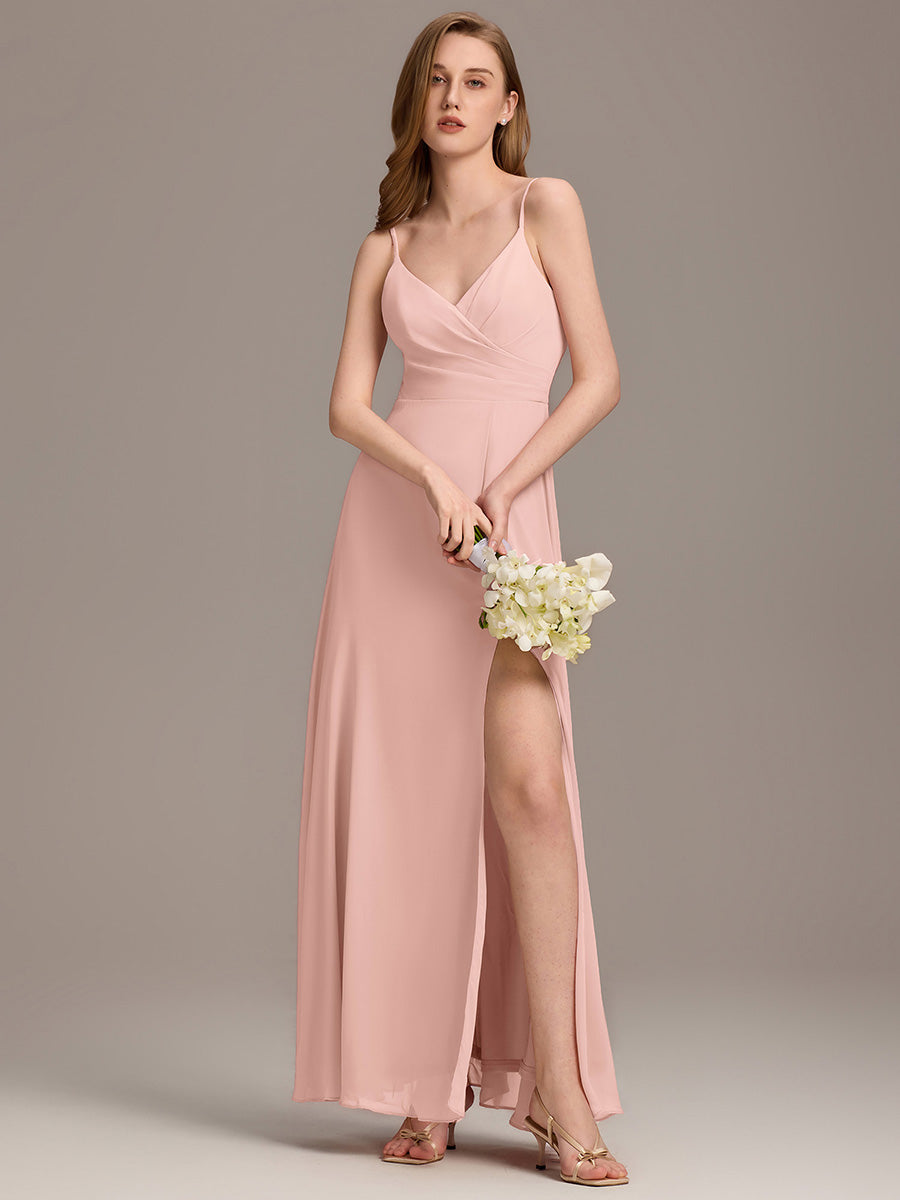 ever RENÉ |Pleated V-Neck Spaghetti Strap High Slit Bridesmaid Dress