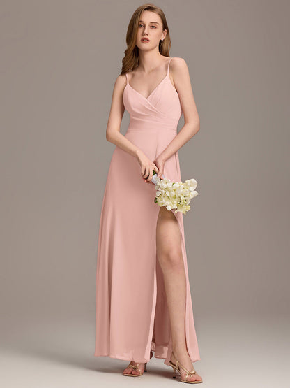 ever RENÉ |Pleated V-Neck Spaghetti Strap High Slit Bridesmaid Dress
