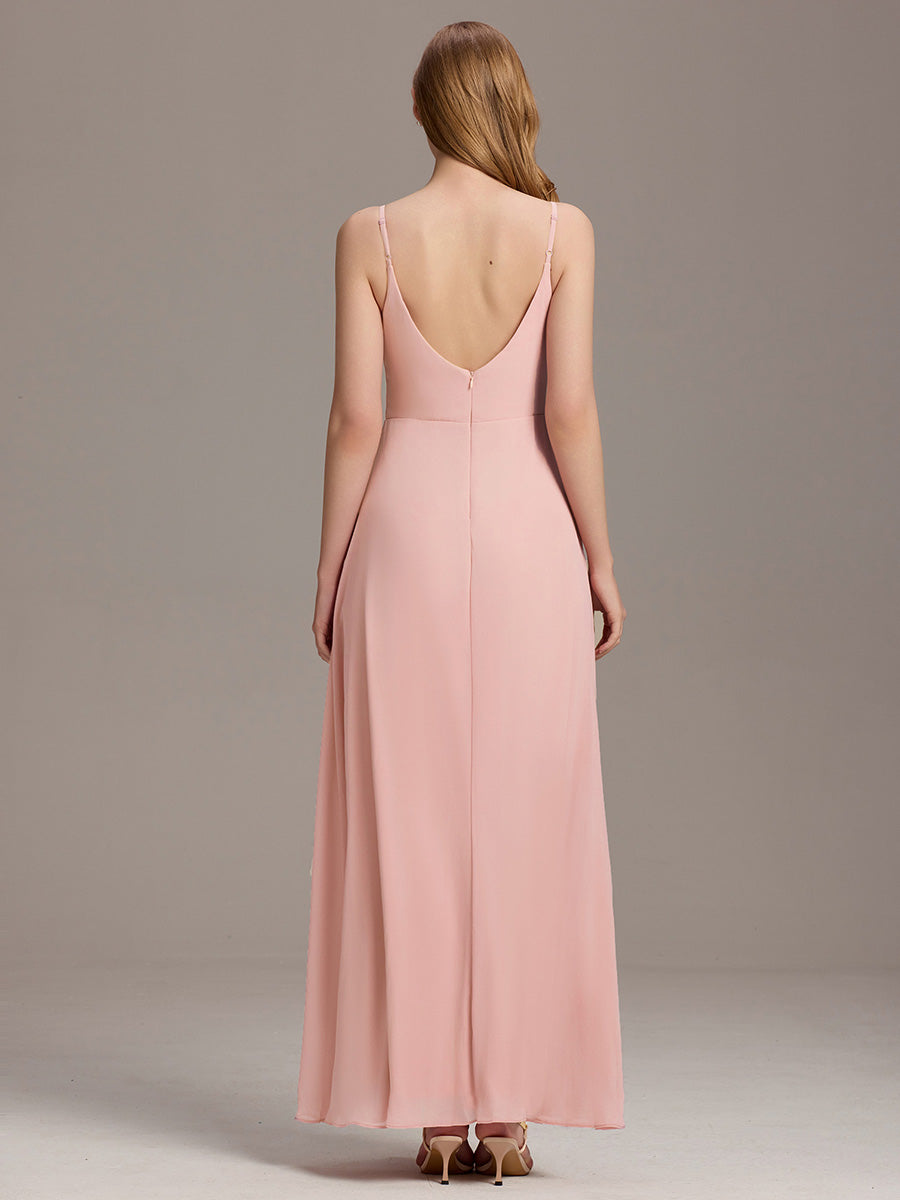 ever RENÉ |Pleated V-Neck Spaghetti Strap High Slit Bridesmaid Dress