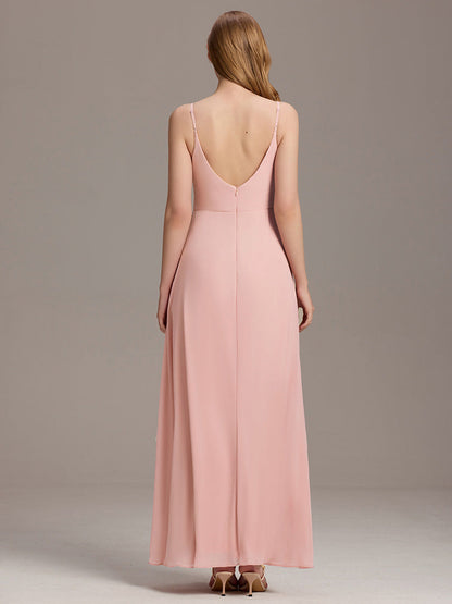 ever RENÉ |Pleated V-Neck Spaghetti Strap High Slit Bridesmaid Dress