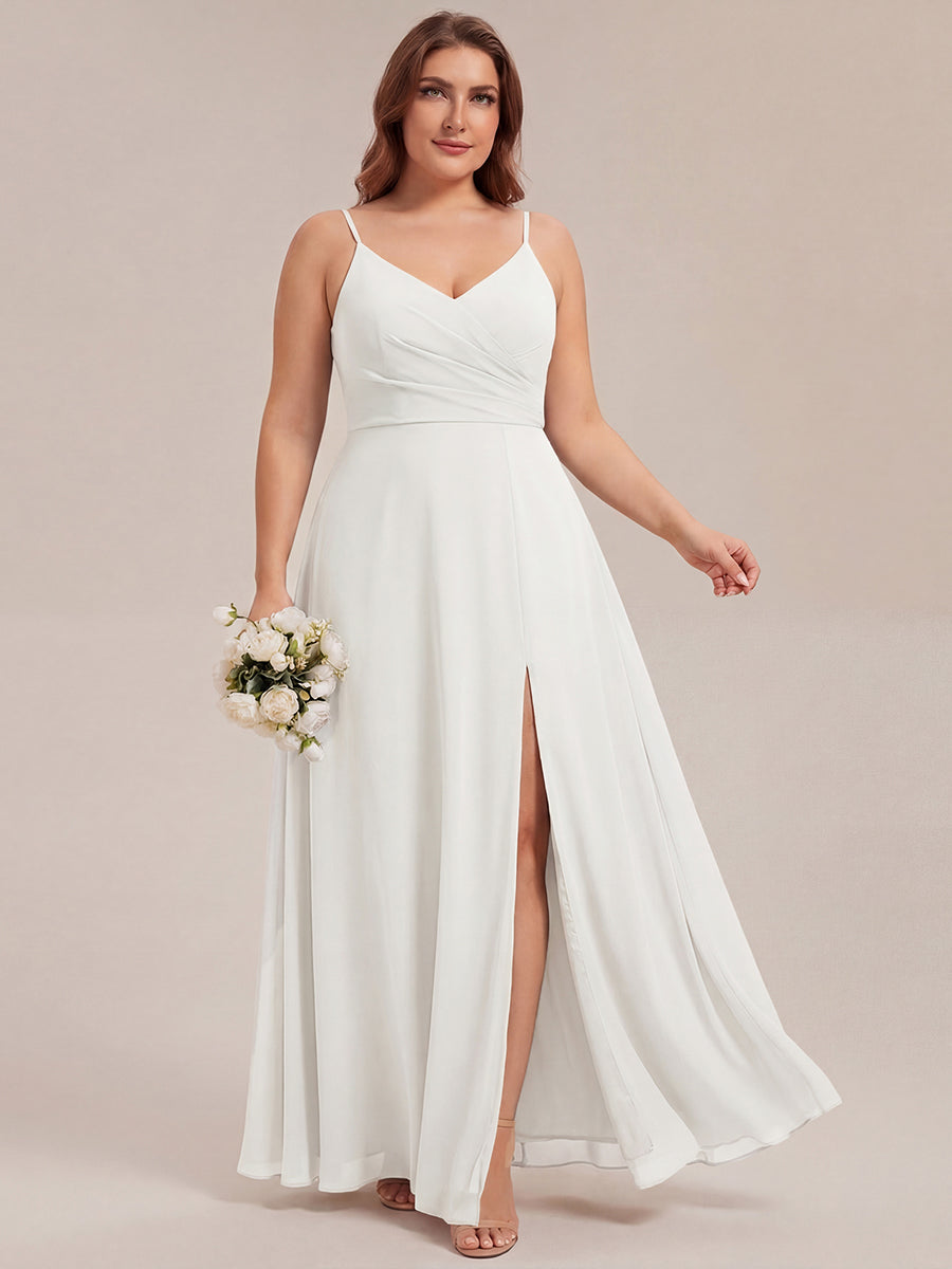 ever RENÉ |Pleated V-Neck Spaghetti Strap High Slit Bridesmaid Dress
