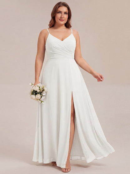 ever RENÉ |Pleated V-Neck Spaghetti Strap High Slit Bridesmaid Dress