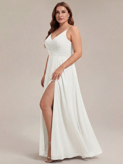 ever RENÉ |Pleated V-Neck Spaghetti Strap High Slit Bridesmaid Dress