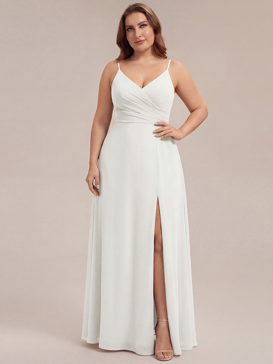 ever RENÉ |Pleated V-Neck Spaghetti Strap High Slit Bridesmaid Dress