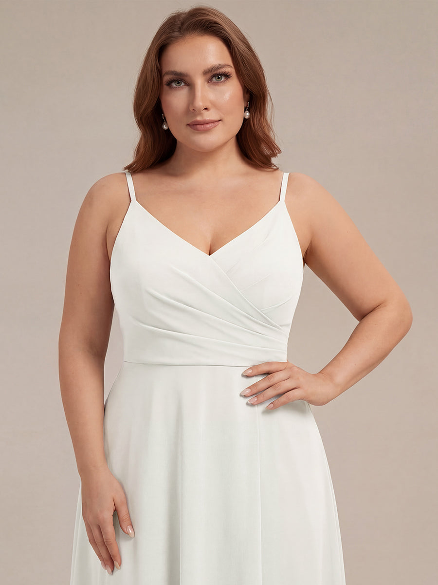 ever RENÉ |Pleated V-Neck Spaghetti Strap High Slit Bridesmaid Dress