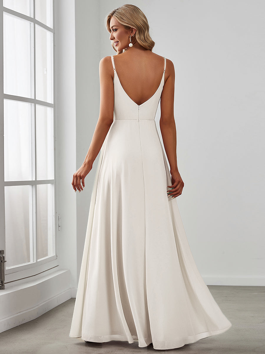 ever RENÉ |Pleated V-Neck Spaghetti Strap High Slit Bridesmaid Dress