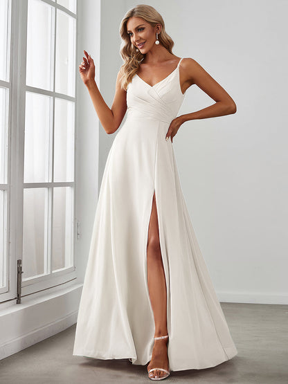 ever RENÉ |Pleated V-Neck Spaghetti Strap High Slit Bridesmaid Dress