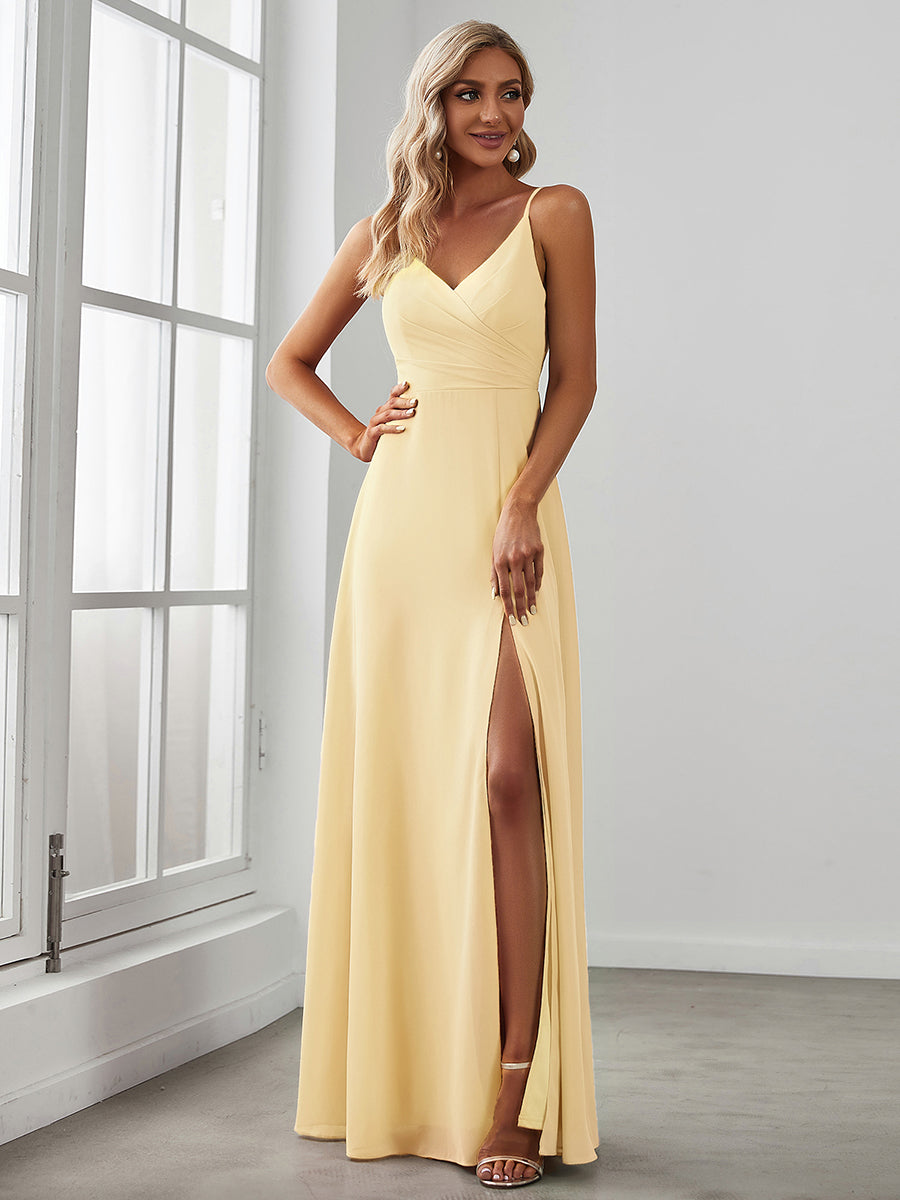 ever RENÉ |Pleated V-Neck Spaghetti Strap High Slit Bridesmaid Dress