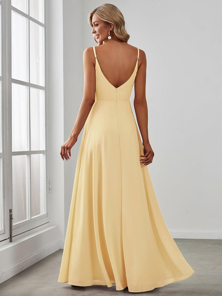 ever RENÉ |Pleated V-Neck Spaghetti Strap High Slit Bridesmaid Dress