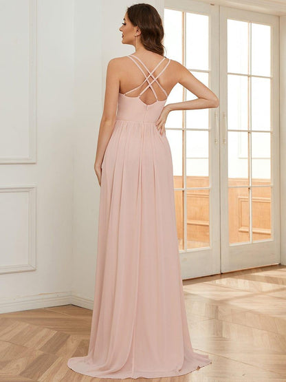 Chiffon Spaghetti Strap Ruffled Front Slit A-Line Bridesmaid Dress