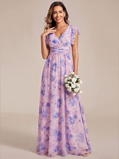 ever LILYANA|Back Cutout A-Line Pleated Ruffles Sleeve Chiffon Bridesmaid Dress