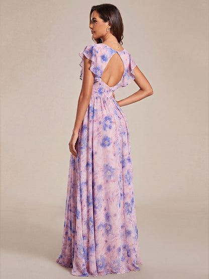 ever LILYANA|Ruffles Sleeve Back Cutout A-Line Maxi Chiffon Wedding Guest Dress