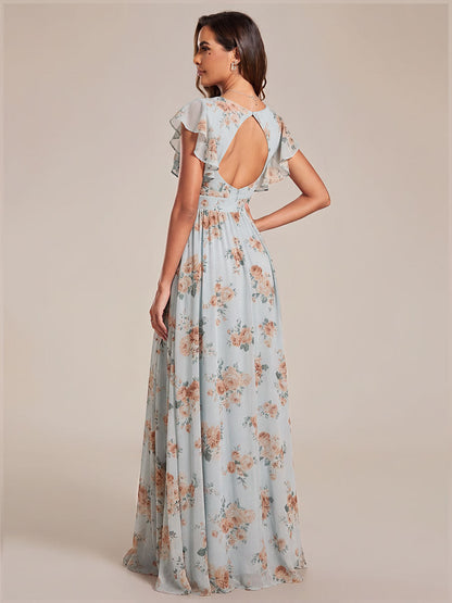 ever LILYANA|Ruffles Sleeve Back Cutout A-Line Maxi Chiffon Wedding Guest Dress