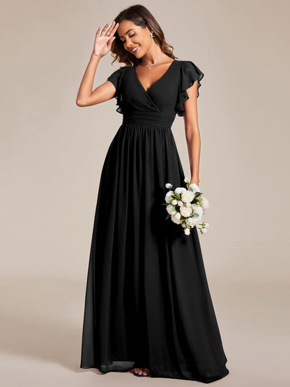 ever LILYANA|Back Cutout A-Line Pleated Ruffles Sleeve Chiffon Bridesmaid Dress