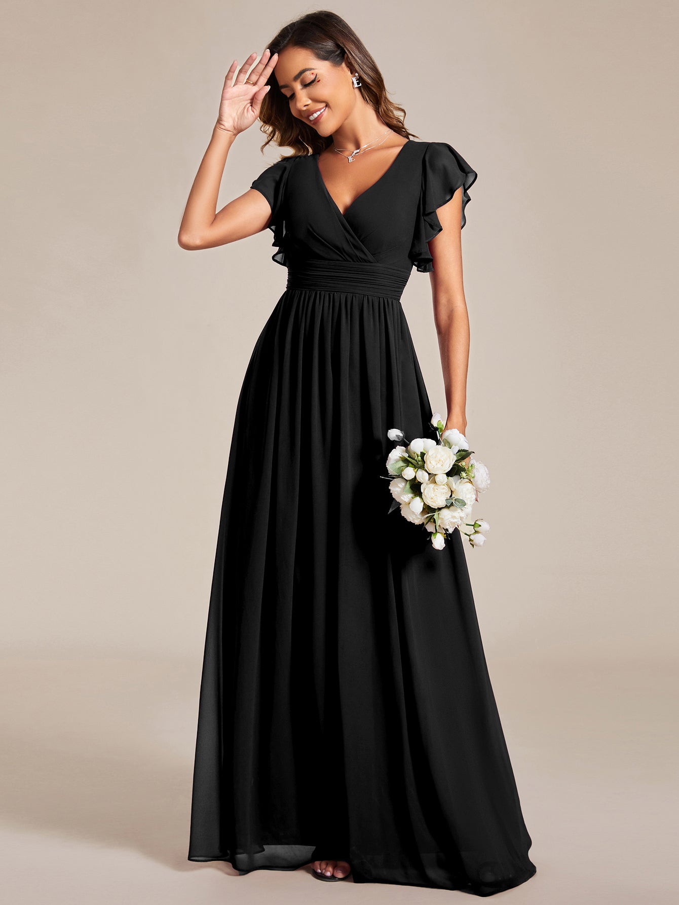 ever LILYANA|Ruffles Sleeve Back Cutout A-Line Maxi Chiffon Wedding Guest Dress
