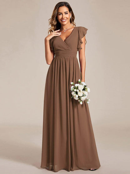 ever LILYANA|Back Cutout A-Line Pleated Ruffles Sleeve Chiffon Bridesmaid Dress