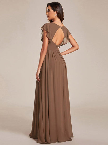 ever LILYANA|Back Cutout A-Line Pleated Ruffles Sleeve Chiffon Bridesmaid Dress