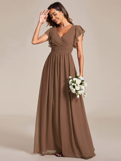 ever LILYANA|Back Cutout A-Line Pleated Ruffles Sleeve Chiffon Bridesmaid Dress